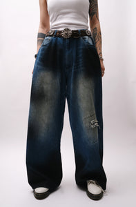 Footloose Tycoon Painted & Faded Wide-Leg Distressed Jeans